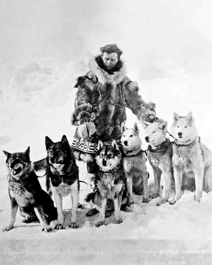 Leonhard Seppala with sled dogs from left to right: Togo, Karinsky, Jafet, Pete, unknown dog, Fritz | Public Domain